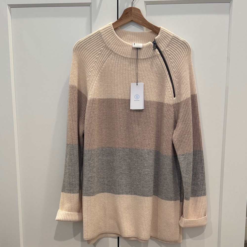 NWT Bogner Wool Women's Cowl Neck Sweater - Cream, Gray, Tan